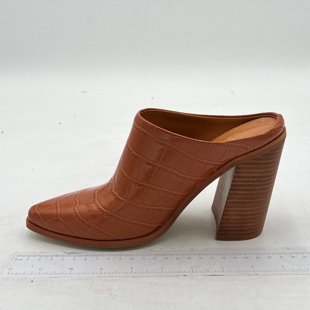 FOWT Women Crocodile Embossed Mules Chunky Stacked Heel Slippers Pointed Toe Bac